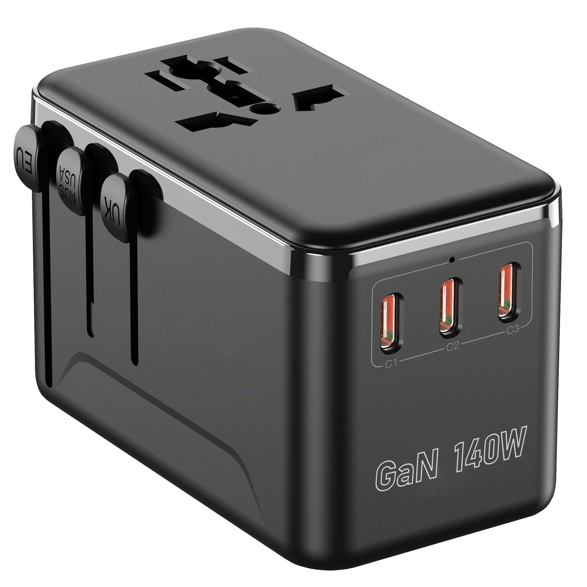 140W GaN Universal Travel Adapter, 4 USB C/A, 2500W AC, 200+ Countries