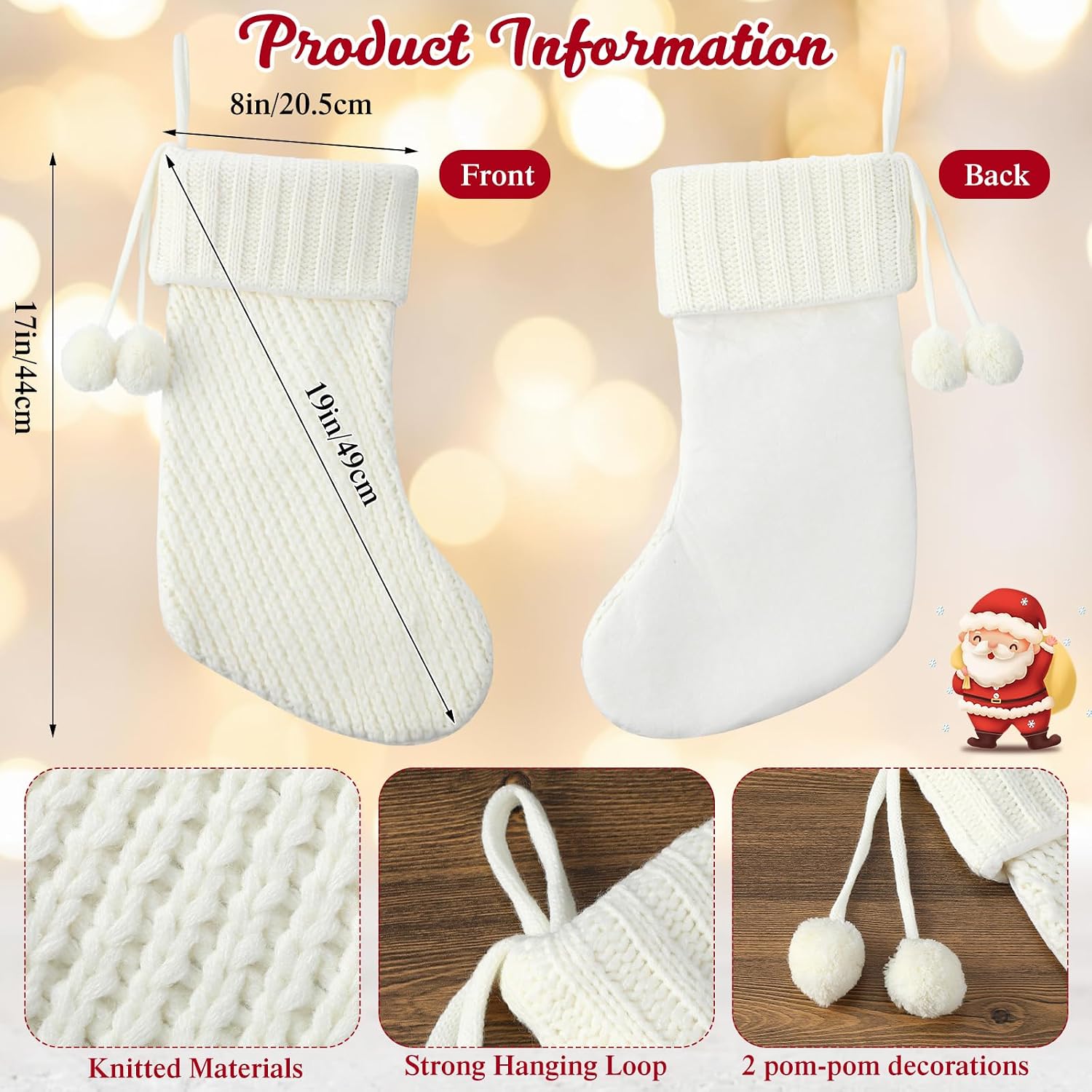 Vinsot 6 Pcs Christmas Stockings 19 Inch Large Knitted Christmas Stockings with Pompom Hanging Socks for Xmas Tree Gifts for Family Holiday Party Decorations(White)