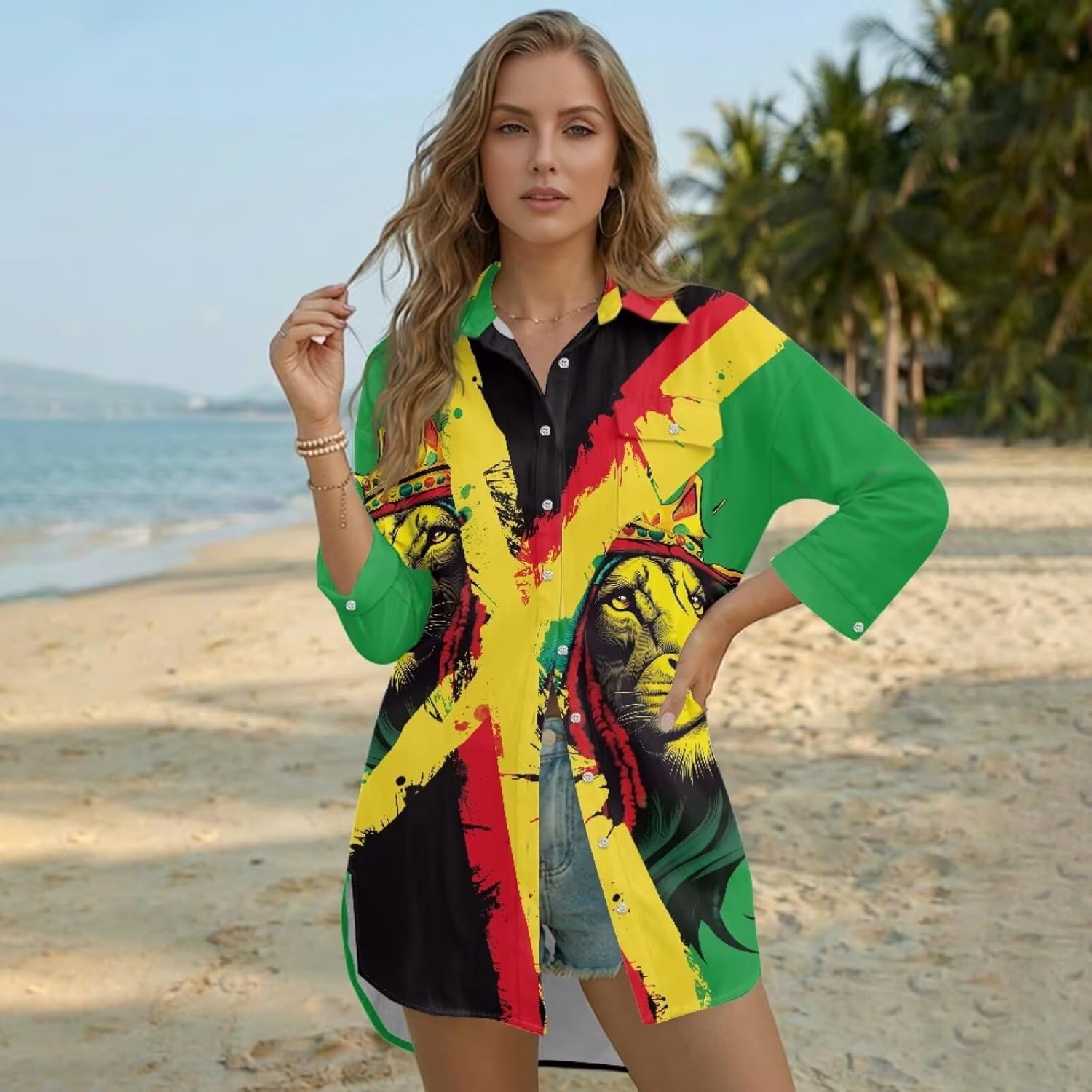 WELLFLYHOM Reggae Festival Swimsuit Cover Up for Women Button Down Bikini Coverup Long Sleeve Swimwear Dress Shirt