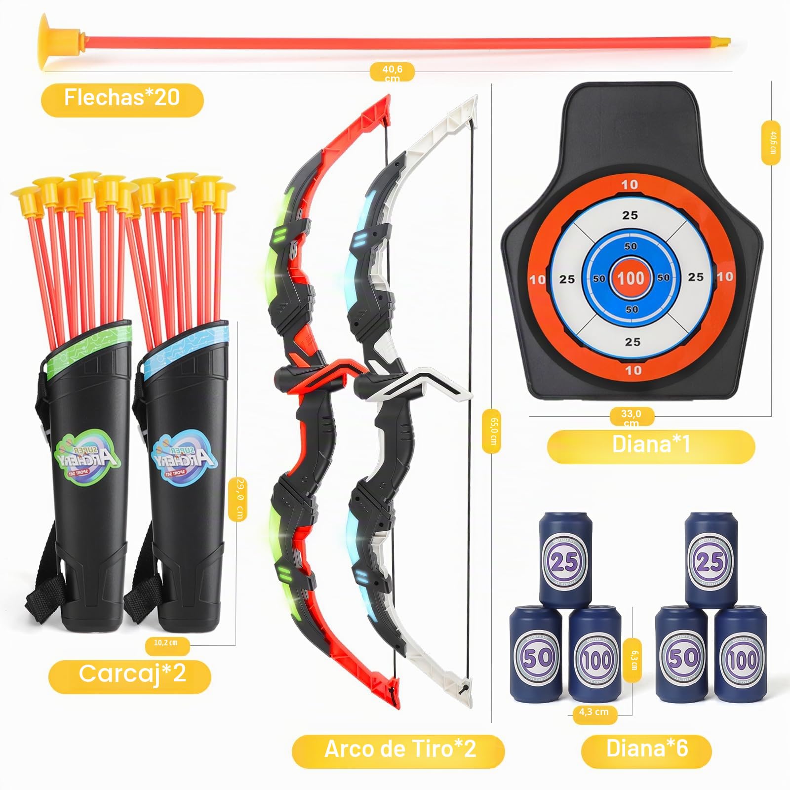 deAO Juego de 2 Arcos y Flechas con LED para Niños, 20 Flechas con Ventosas, Diana Móvil + 6 Objetivos, 2 Carcajes, Juguete de Tiro con Arco Interior y Exterior, Regalo Niñas Niños 3-12 Años