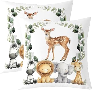 Erosebridal Cartoon Deer Throw Pillow Covers 24x24 Inch Set of 2 Wild Animal Hunting Pillow Covers | Cute Zebra Lion Elephant Giraffe Cushion Cases Plant Mammal Wildlife Decorative Pillowcases