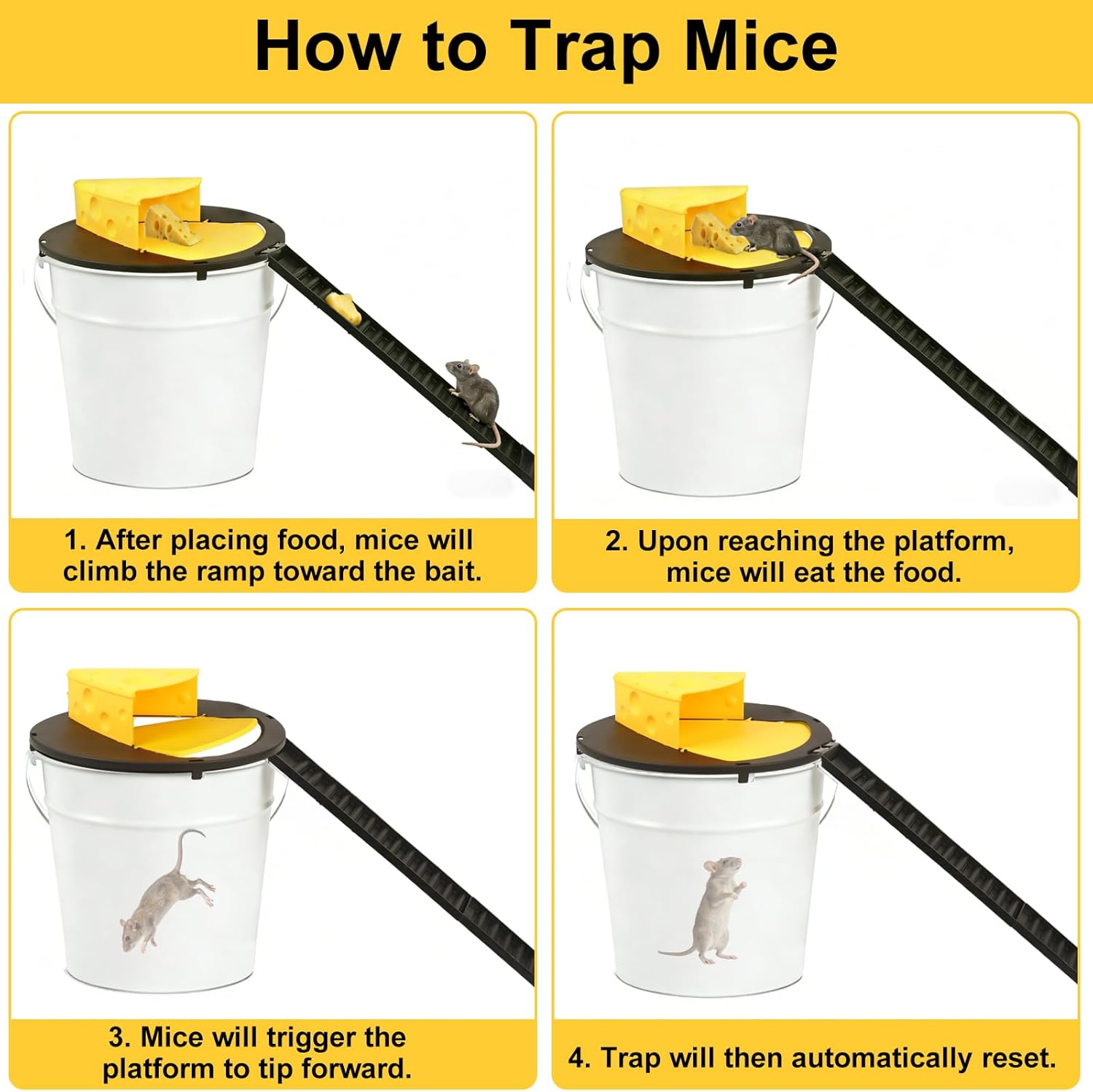 4PCS Mouse Trap Bucket, 5 Gallon Bucket Lid Mouse Trap,Reusable, Bite Resistant, Self Resetting Rat Trap Bucket，Humane Mouse Trap for Indoor and Outdoor