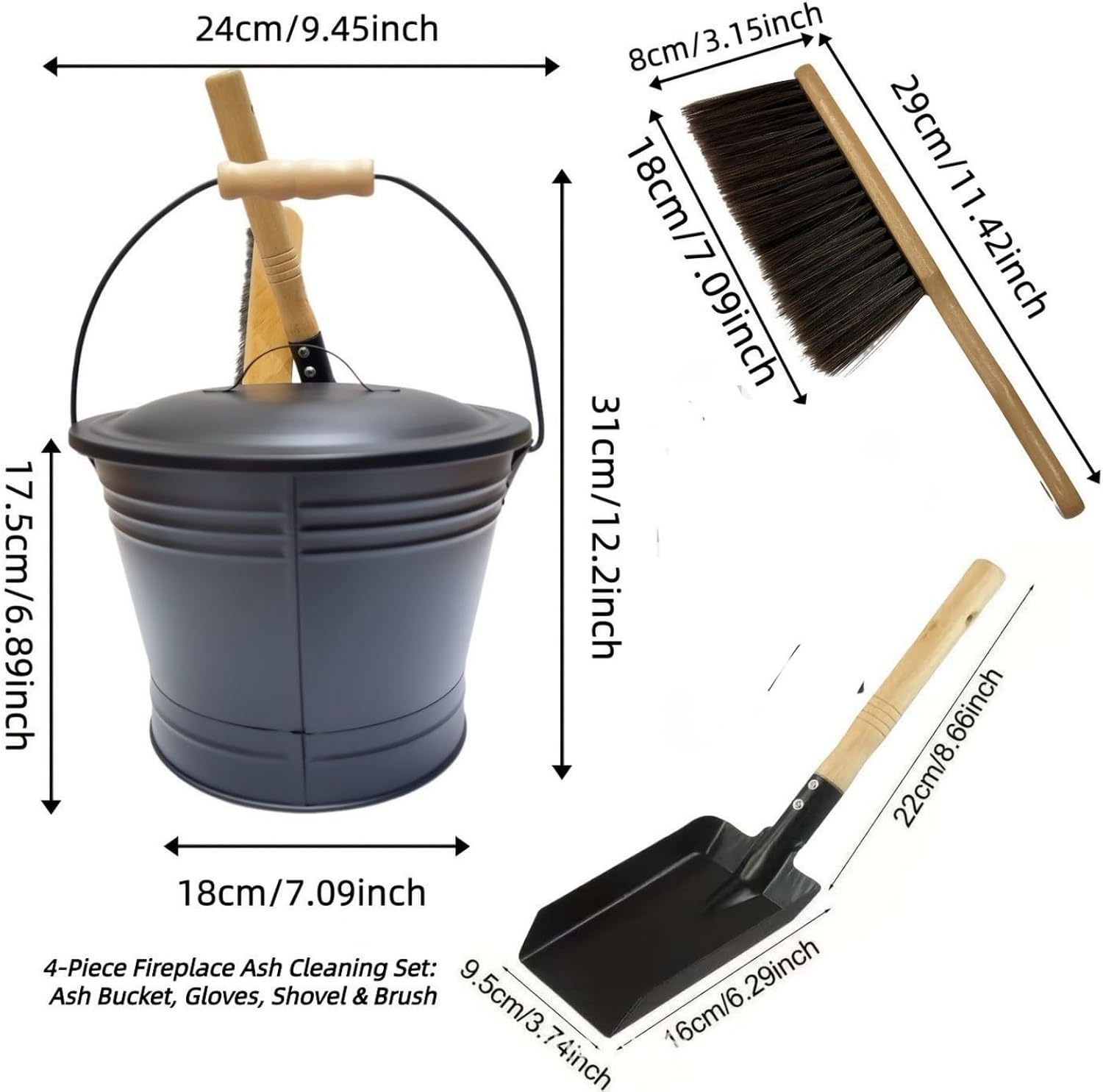 Ash-Bucket with Lid, 1.6 Gallon Fireplaces with Shovel and Hand Broom, Metal for Fireplaces, Fire-Pit, Wood Burning Stove, Black