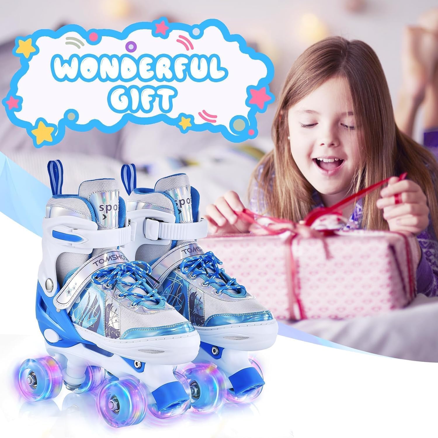TOMSHOO Pattini a rotelle per ragazze, pattini in linea per bambini, ragazze, con luci a LED luminose, pattini in linea per bambini, misura regolabile, per principianti, bambini, regalo