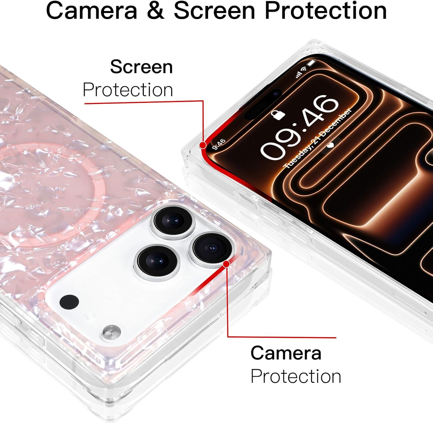 AIGOMARA Magnetic Rectangle for iPhone 17 Pro Max Case, Compatible with Magsafe, Luxury Glitter Sparkle Opalescent Pearl for Women Girls, Stylish Glossy Protective Shockproof Phone Cover, Pink - Image 4