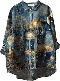 Sponsored Ad - BIVENANT Womens Boho Floral Shirts 3/4 Sleeve Blouses Button Funny Mushroom Graphic Plus Size V Neck Tunic ...