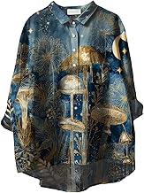 Womens Boho Floral Shirts 3/4 Sleeve Blouses Button Funny Mushroom Graphic Plus Size V Neck Tunic Tops Clothes