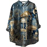 Womens Boho Floral Shirts 3/4 Sleeve Blouses Button Funny Mushroom Graphic Plus Size V Neck Tunic Tops Clothes