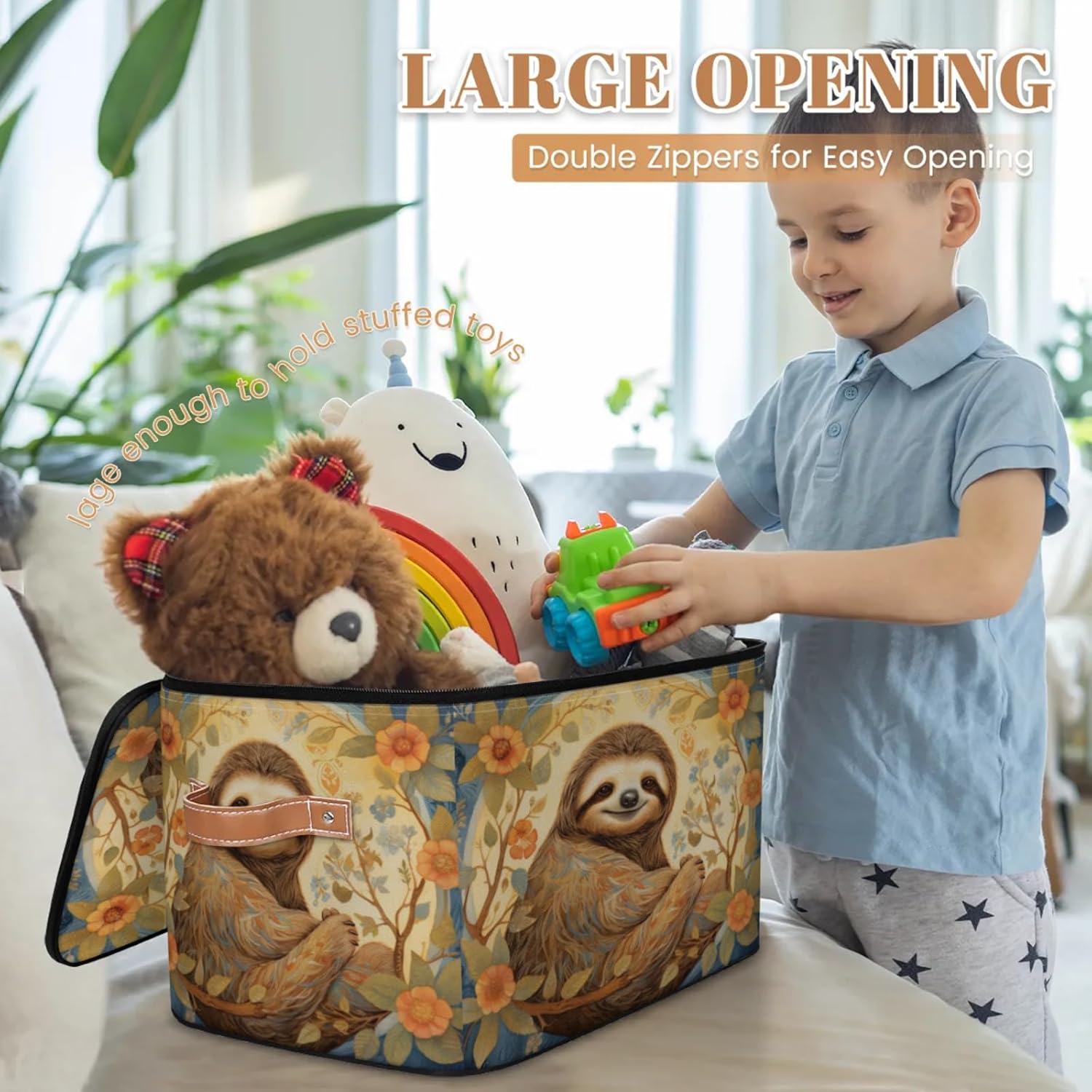 Storage Bin Set of 2 Sloth Sunflowers Storage Basket with Zipper Lid & Handle Foldable Closet Shelf 2 Pack Cloth Organizer Basket Cube Bins Clothes Organizer for Nursery, Bedroom