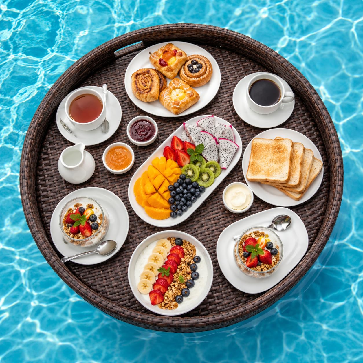 Mesa Flotante de Ratán Fácil de Limpiar, 60 x 20 cm, 4 Colores RoundBrown | Tejido PE Artesanal, Marco de Aluminio, Espuma, Borde Elevado y 2 Asas Permanecen Estables y Resisten el Agua en el Brunch.