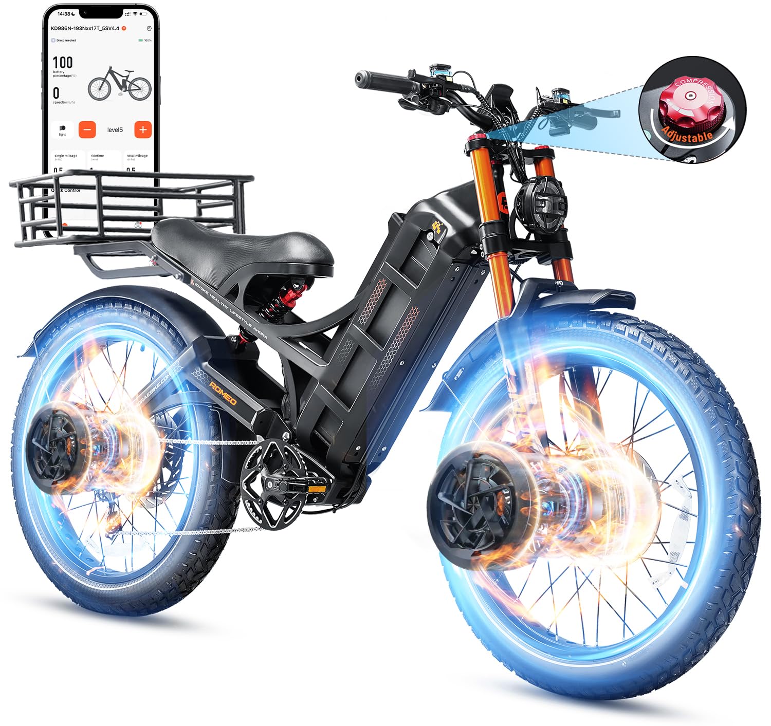 eAhora 2025 Romeo Pro 3/ Pro 2 5600W/ 4000W 50/46MPH Dual Motor Electric Bike for Adults, 80/70Ah/200+ Miles Long Range Electric Bike, 26'' Puncture-Proof Tire, 7-Speed Pedal Assist UL Certificate