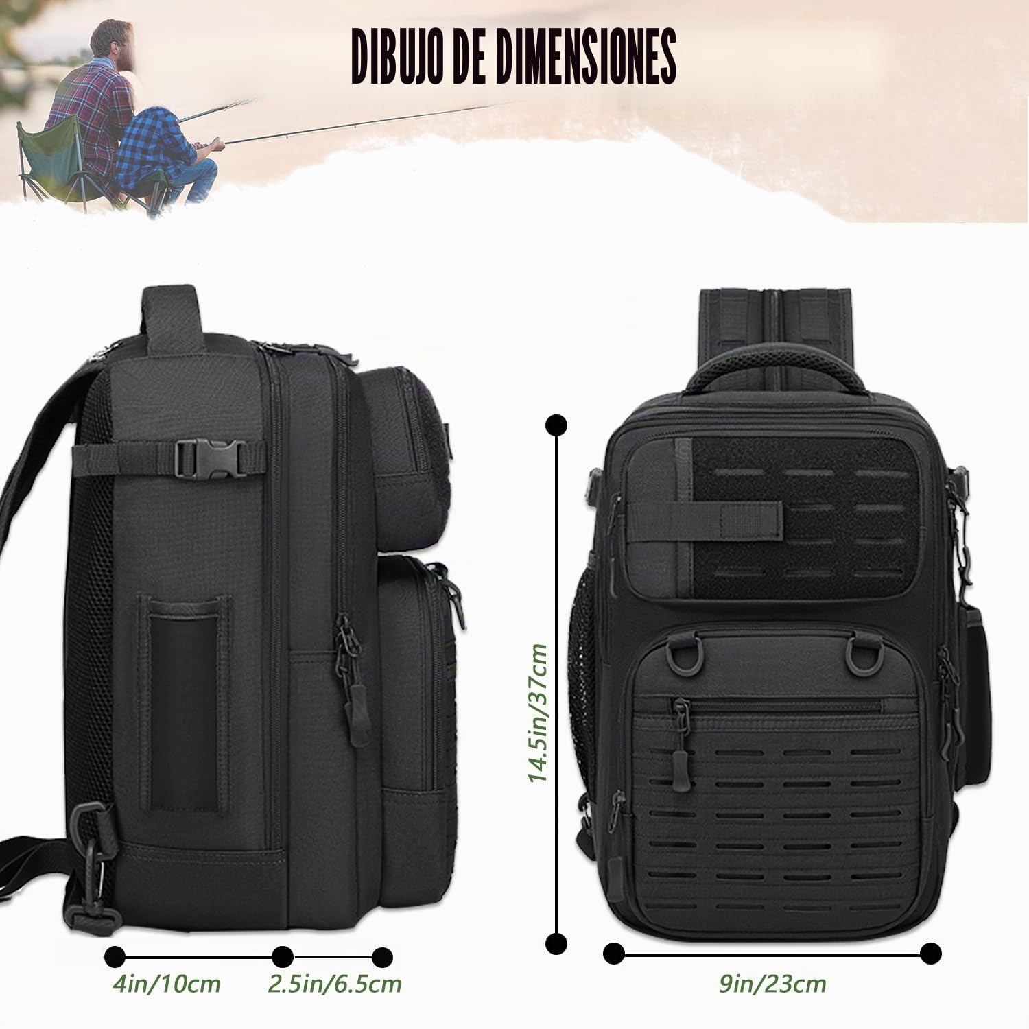 Mochila de pesca 2 en 1 táctica 25L soporte caña militar