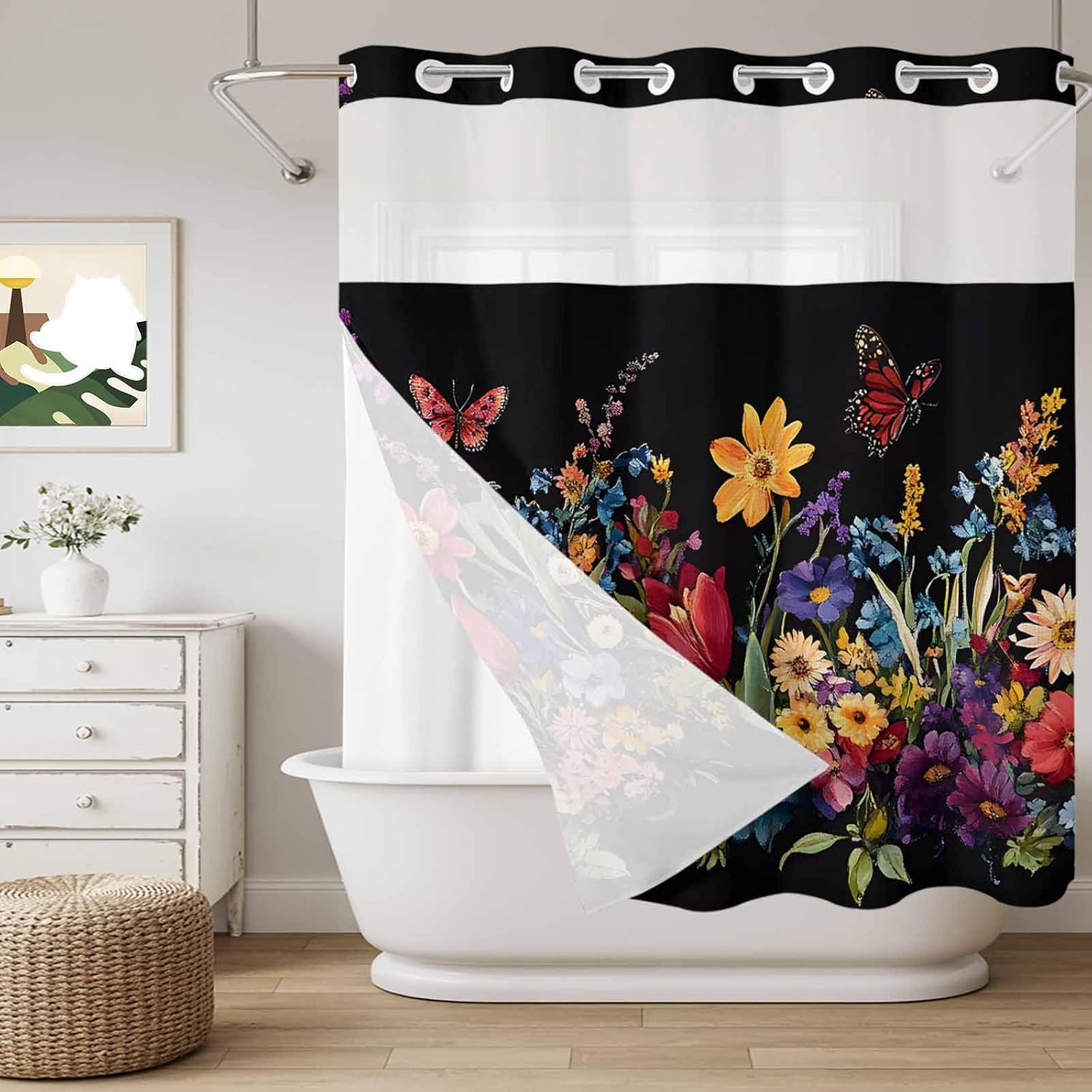 No Hook Shower Curtain and Snap in Liner Set, Spring Colorful Floral Fabric Bathroom Shower Curtains 72x78 Inch, See Through Mesh Top Window, Flowers Black Hotel Style, Washable Waterproof