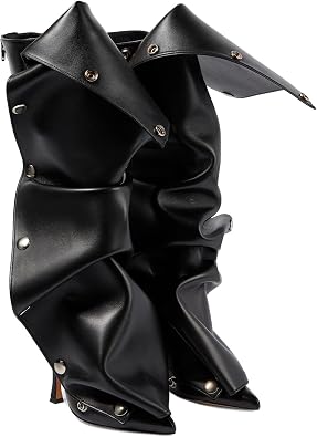 Womens Knee High Boots Pointed Toe Stiletto High Heels Wide Calf Boots Ruched Slouchy Boots with Zipper Black Size US8
