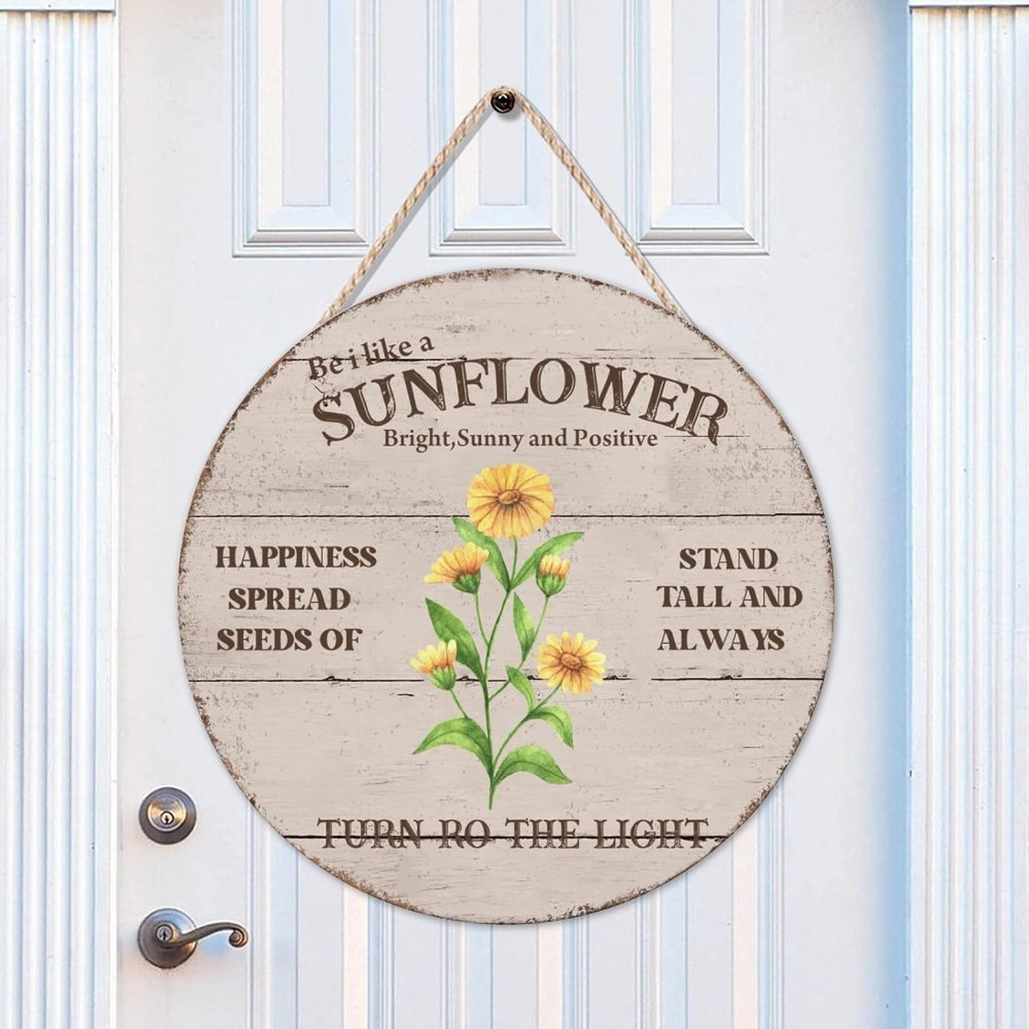 Sunflower Wood Door Sign, Stand Tall Front Door Sign, 16x16in Happiness Wall Hanging Sign Plaque for Outdoor Front Porch Farmhouse Front Door Decor Housewarming Gifts
