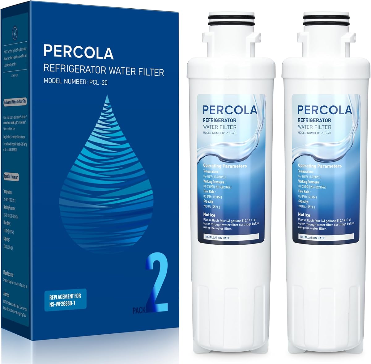 NS-WF26SS0-1/NS-RSS26WH0 Filtro de agua, paquete de 2 | Compatible con los modelos de refrigerador Insignia® NS-WF26SS0-1, Insignia ® Side-by-Side NSRSS26SS0, NS-RSS26WH0
