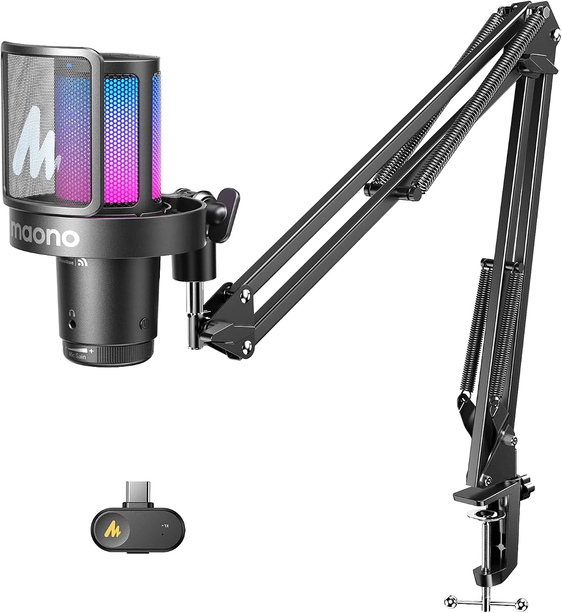 MAONO DGM20W Wireless Gaming Microphone for PC, Condenser USB Mic with Boom Arm for Streaming, Touch Noise Cancellation, Quick Mute,Gain Control,RGB, Computer Boom Mic for PS5 Twitch Discord, Black