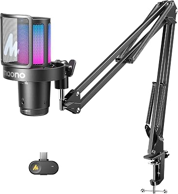 MAONO DGM20WS Wireless Microphone for PC, Condenser USB Mic with Boom Arm for Gaming Streaming, Touch Noise Cancellation, Quick Mute, Gain Control, RGB, Computer Condenser Mic for PS5 Twitch Discord