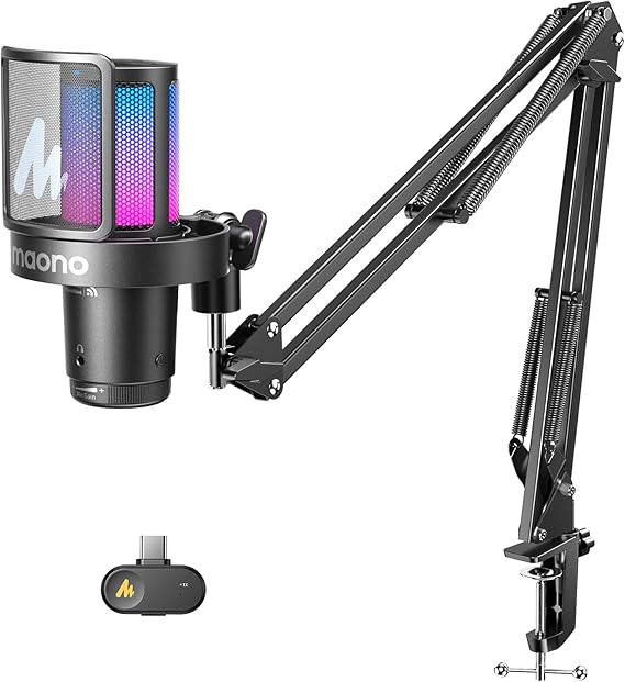 MAONO DGM20W Wireless Gaming Microphone for PC, Condenser USB Mic with Boom Arm for Streaming, Touch Noise Cancellation, Quick Mute,Gain Control,RGB, Computer Boom Mic for PS5 Twitch Discord, Black