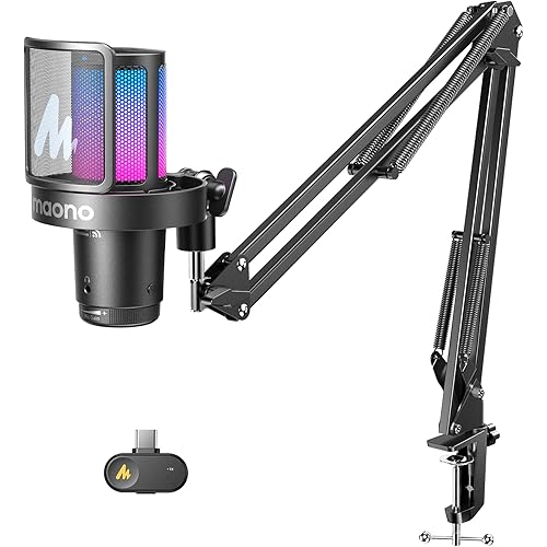 MAONO DGM20W Wireless Gaming Microphone for PC, Condenser USB Mic with Boom Arm for Streaming, Touch Noise Cancellation, Quick Mute,Gain Control,RGB, Computer Condenser Mic for PS5 Twitch Discord