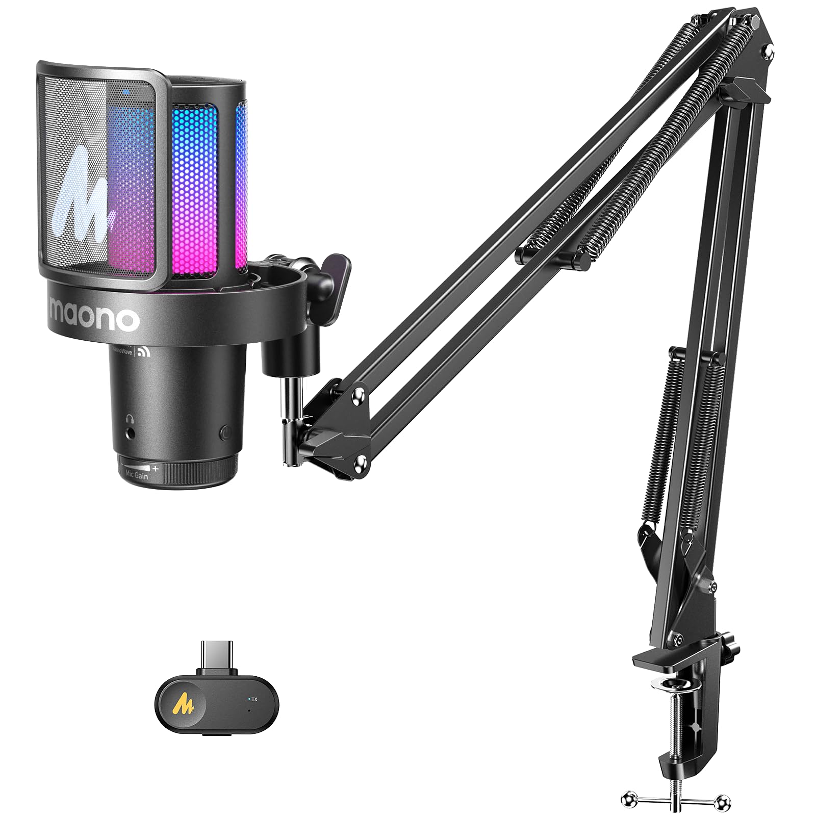MAONO DGM20WS Wireless Mikrofon für PC, USB Mikrofon mit Mikrofonarm für Gaming & Streaming, Touch-Geräuschunterdrückung, Schnell-Stummschaltung, Gain-Regelung, RGB, Mikrofon für PS5, Twitch & Discord