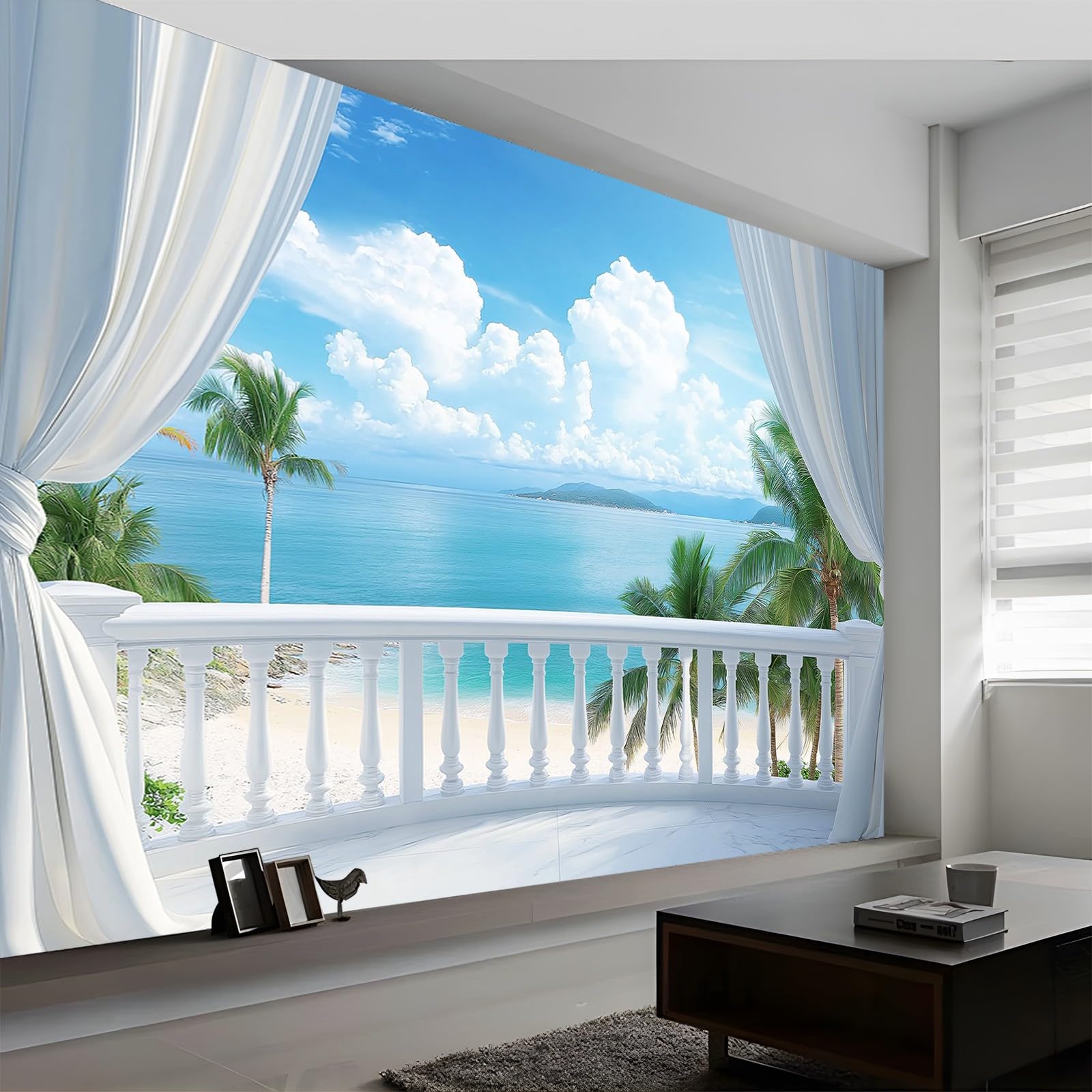 Fototapete 3D Balkon Meerblick Aus Dem Fenster Blau 300x210 cm Vliestapete Wandbild Fototapeten Vlies Tapeten Wandtapete Schlafzimmer Wohnzimmer Kinderzimmer Moderne Wanddeko