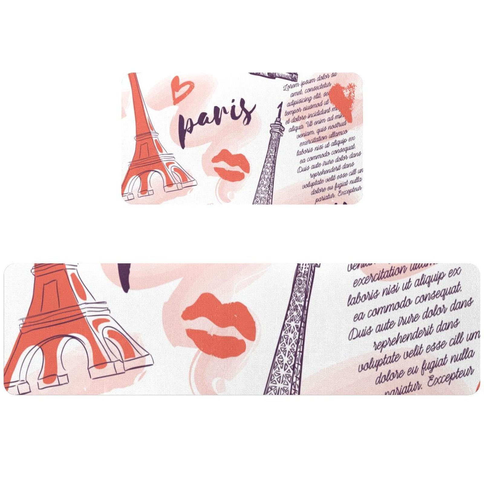 Alfombra de cocina de la Torre Eiffel con corazones, tapete lavable y absorbente, juego de 2