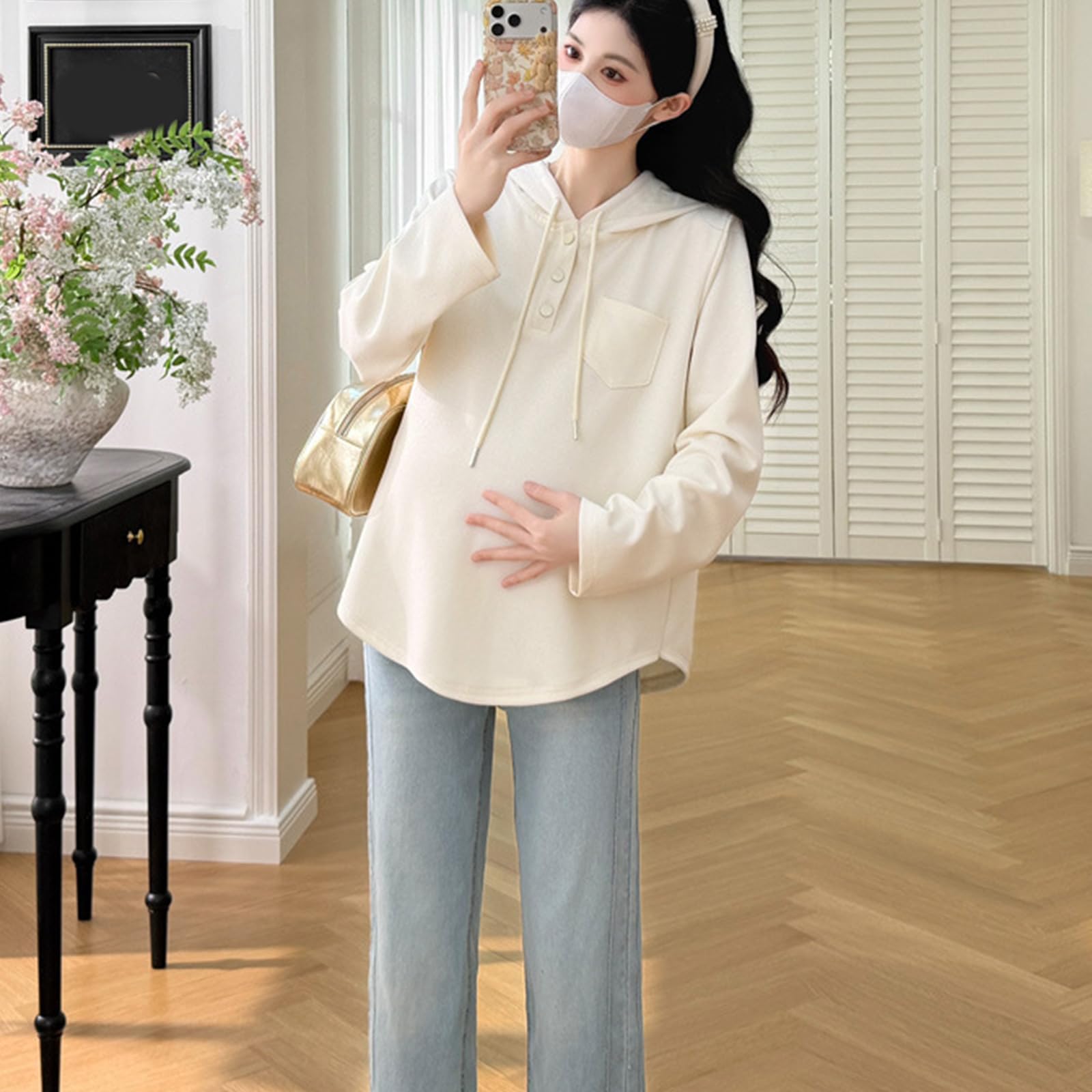 Camisa de maternidad informal con capucha para primavera con diseño resistente al viento, transpirable, mezcla de algodón y poliéster, sudadera cómoda con capucha para embarazo