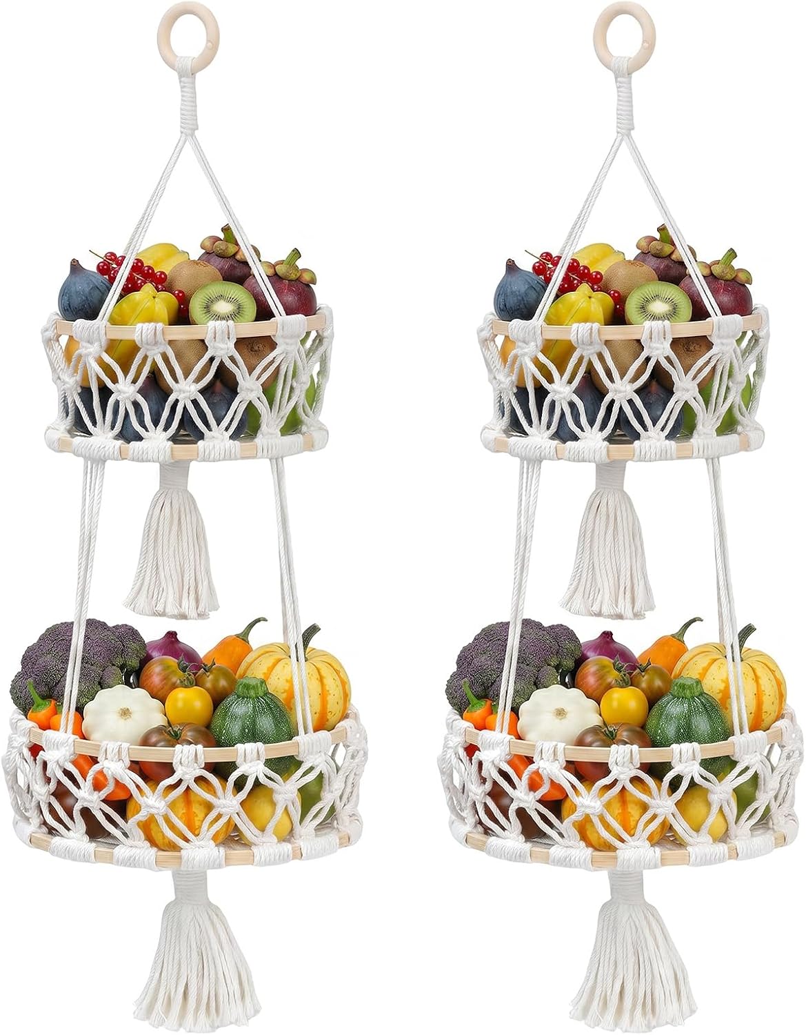 2 Tier Macrame Hanging Fruit Basket for Kitchen, Boho Cotton Produce Storage Organizer with Hook, 26x9.8 Inch Natural Fruit Basket Hanging for Living Room, Home Decor, Housewarming Gift
