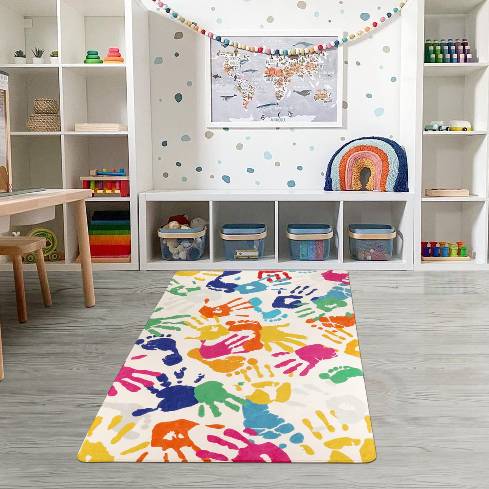 STARUIA Handabdrücke und Fußabdrücke Kinderteppich für Spielzimmer, 91x152 cm, waschbar, farbenfroh, Kinderzimmerteppich für Jungen und Mädchenzimmer, Innenmatte für Klassenzimmer, Schlafzimmer