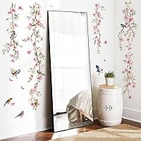 Vista 3 de decalmile Calcomanías de pared colgantes con diseño de vid, hojas florales rosas, pájaros, calcomanías de pared para dormitorio, sala de estar
