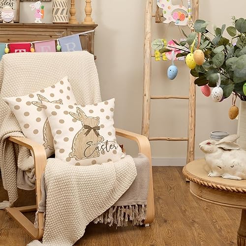 Miniatura 5 de AACORS Juego de 2 fundas de almohada de Pascua de 18 x 18 pulgadas, diseño de conejito de lunares con feliz Pascua, fundas de almohada de primavera