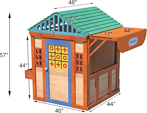 Miniatura 2 de Casa de juegos al aire libre para niños de 3 a 8 años, casa de juegos de madera con 4 ventanas de toldo de juegos, pared de bola y tetris. Casa de