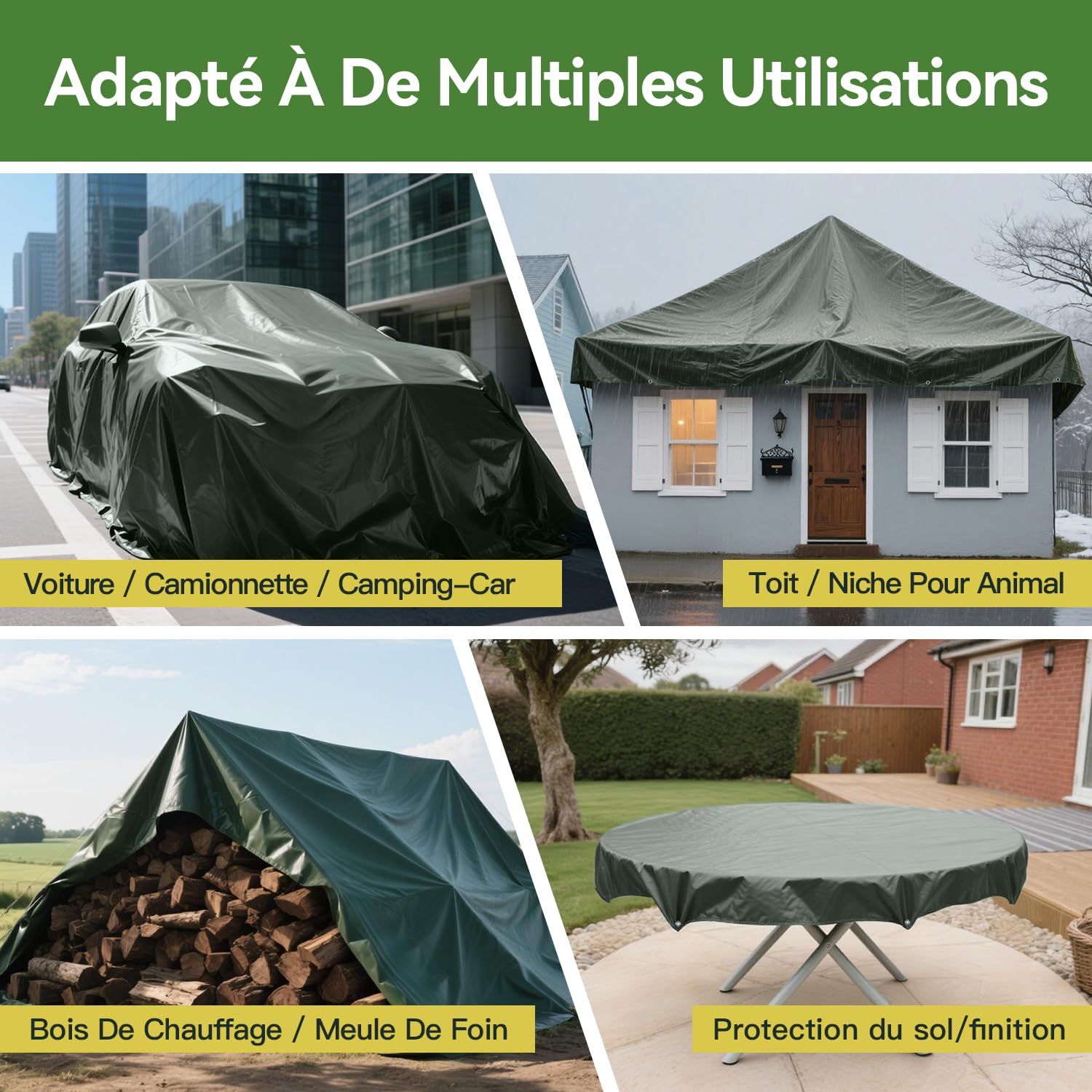 bâche Moyenne Camping Sol Tapis 4x6m 130g/m² (Vert Armée/Noir) Tente Résistante aux UV Couverture Extérieure Piscine Toit Bac à Sable Bateau RV Voiture Housse de Protection