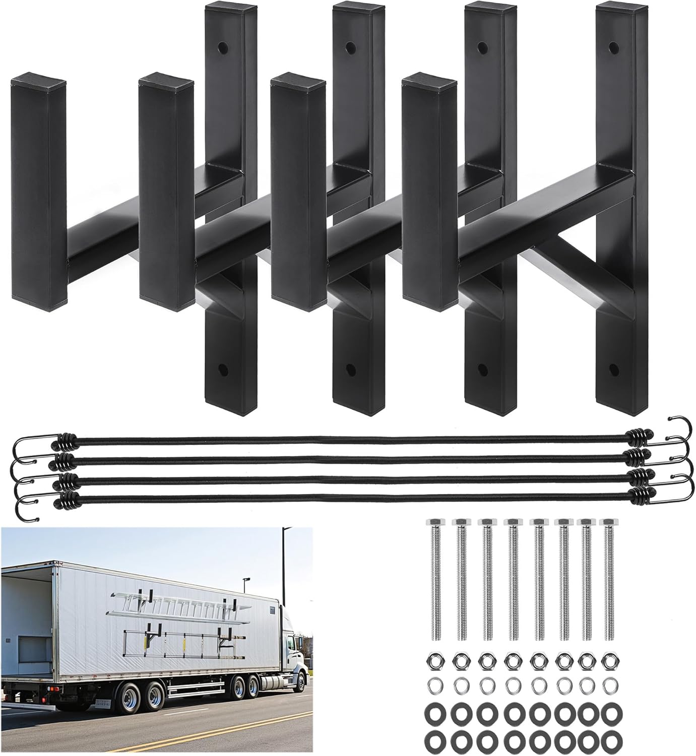 2/4 Racks Trailer Ladder Rack, Heavy Duty Steel Ladder Rack with Elastic Ropes for Truck, Open and Enclosed Trailer Side Wall Mount (Black) (4)