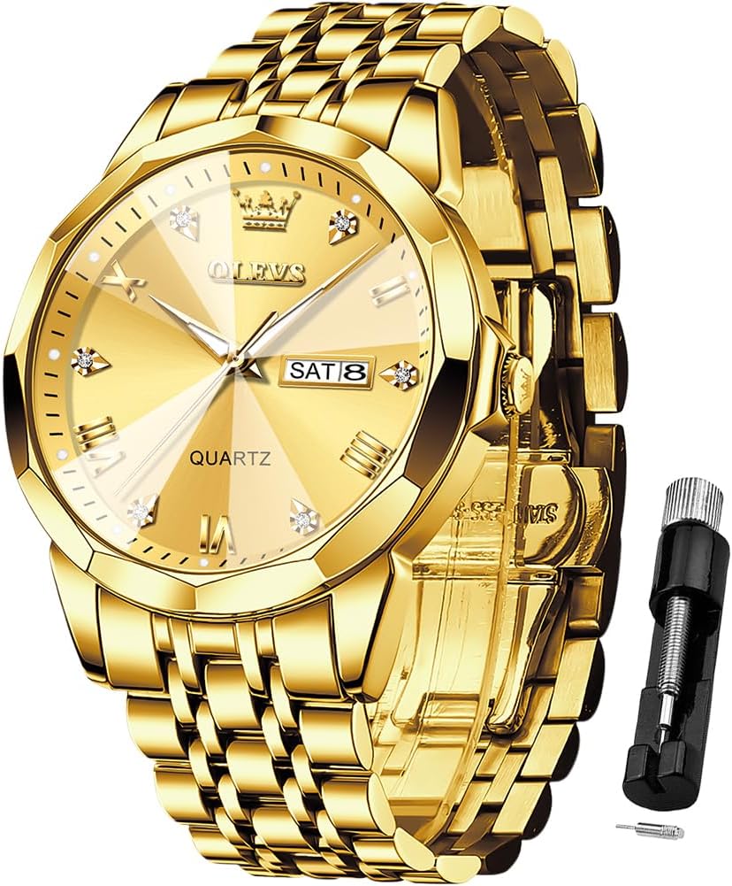 OLEVS Watch for Men Diamond Business Dress Analog Quartz Stainless Steel Waterproof Luminous Date Two Tone Luxury Casual Wrist Watch Blue