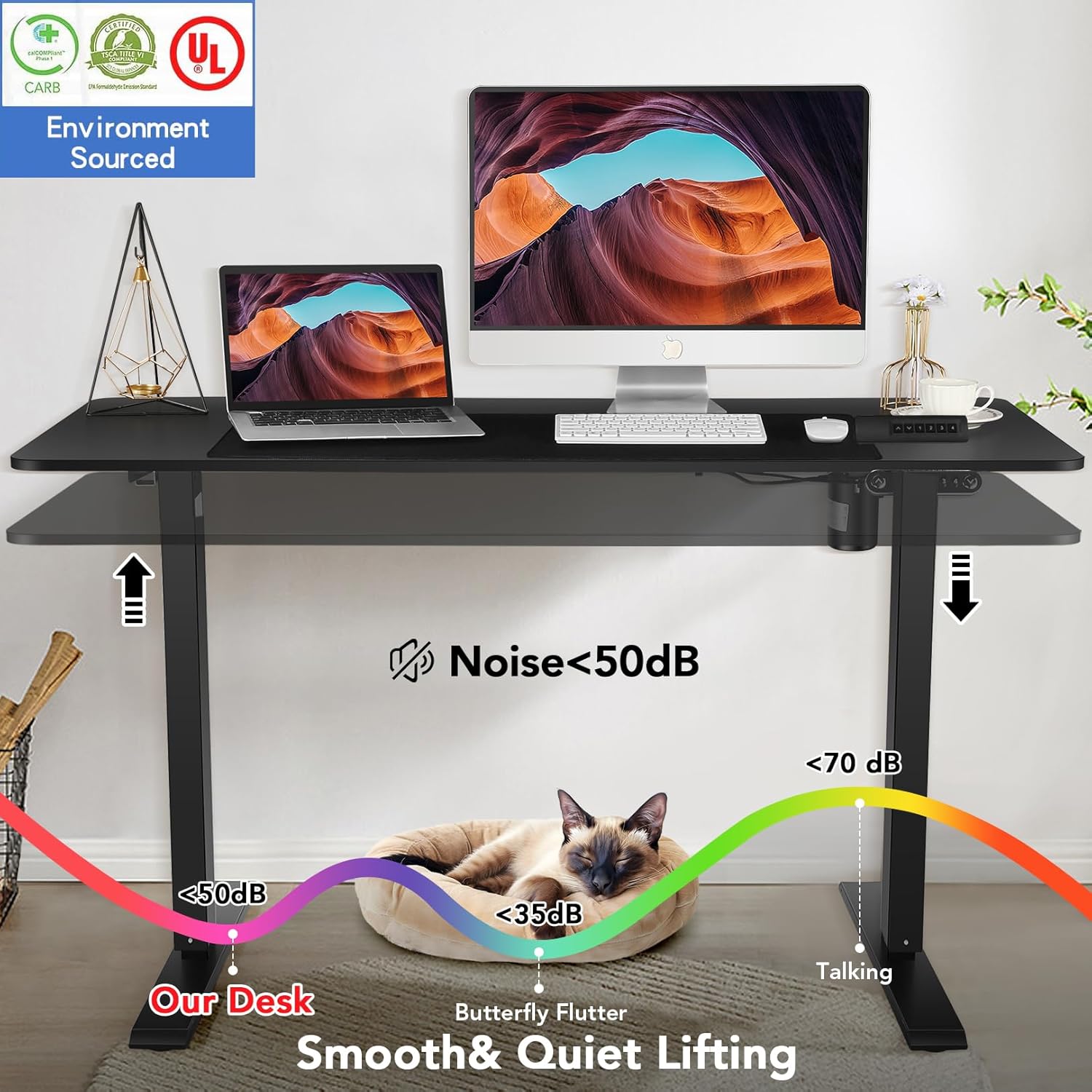 Image showing the desk's quiet operation with noise level below 50dB