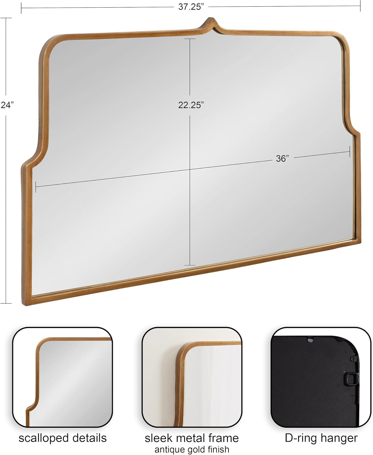 Kate and Laurel Gezella Glam Scalloped Wide Arched Wall Mirror; 38 x 24; Antique Gold; Stunning Glamorous Decorative Arch Mirror with Soft Scallops and Slim Moroccan Frame