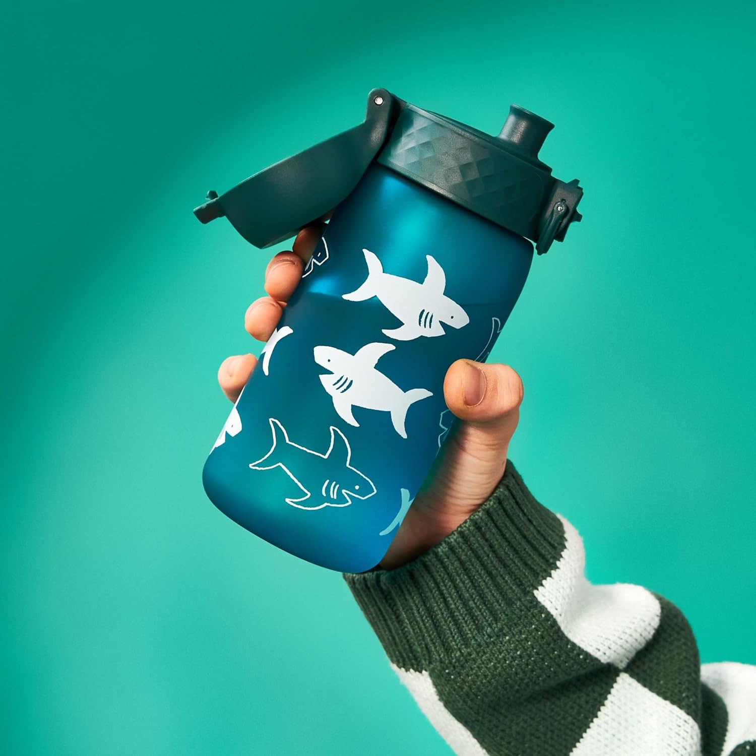Ion8 Small Water Bottle, 350 ml/12 oz, Leak Proof, Easy to Open, Secure Lock, Dishwasher Safe, BPA Free, Carry Handle, Flip Cover, Easy Clean, Odor Free, Carbon Neutral, Aqua Blue, Sharks Design - Image 3