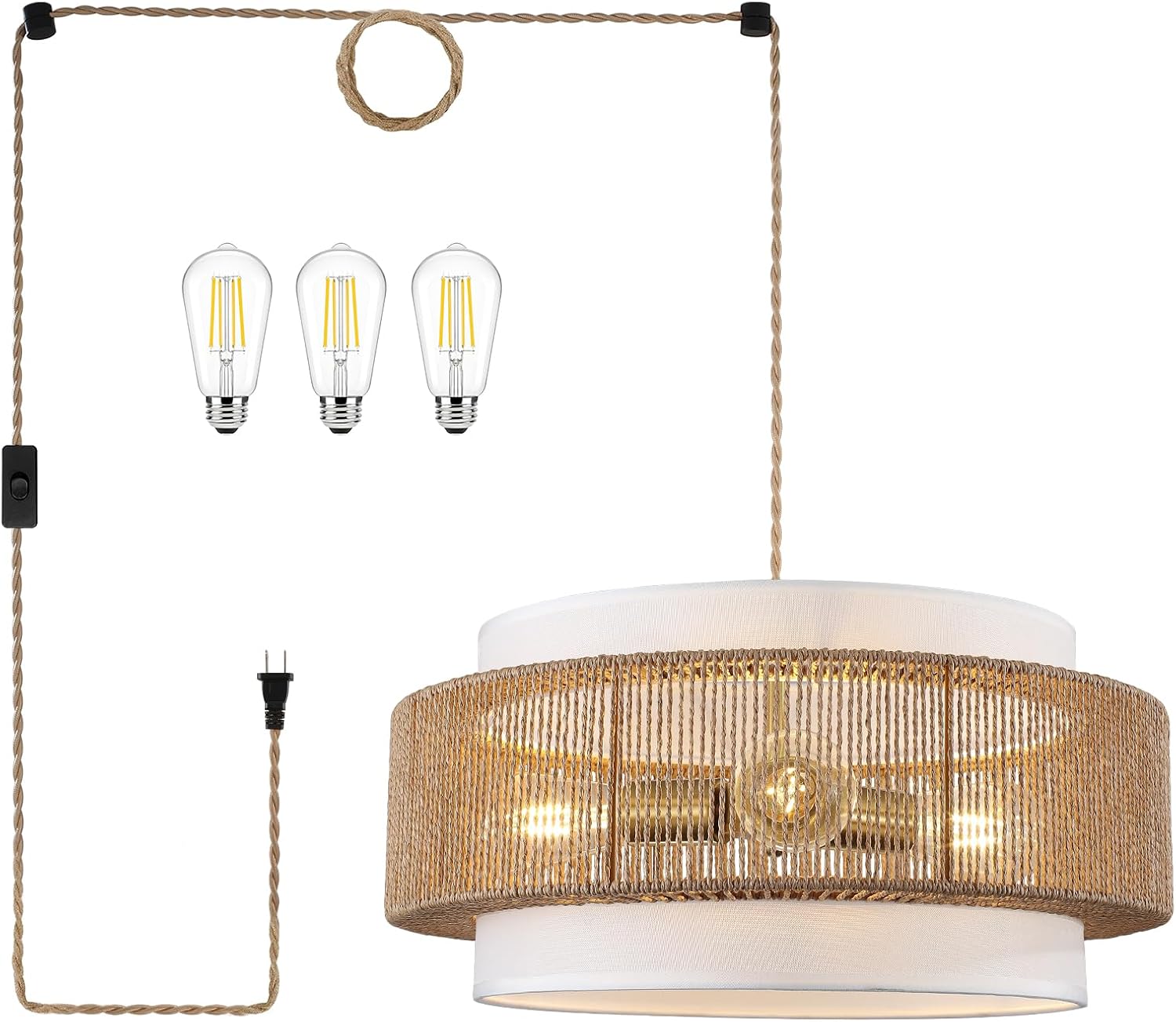 18" Rattan Plug in Chandelier with Fabric Drum Shade, 3-Light Boho Pendant Light, 14.7ft Hemp Rope Cord, Hanging Light Fixture for Kitchen Island, Dining Room, Living Room, Bulbs Included