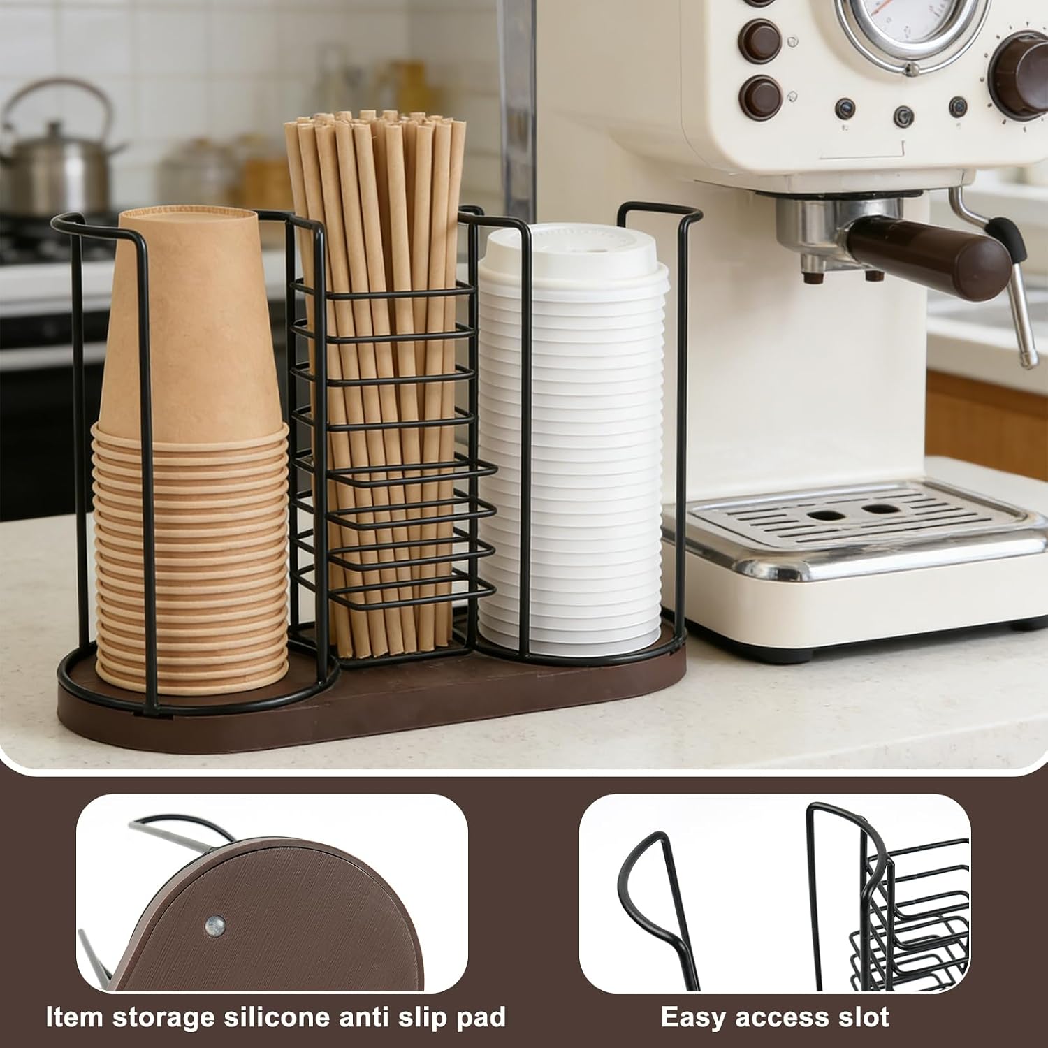 3-Compartment Coffee Cup Dispenser with Wooden Base,18oz Coffee Cup Holder Organizer for Storing Paper Cups,Lids,Straws,Stirring Rods,Organizer for Countertop, Coffee Bar, Kitchen, Office