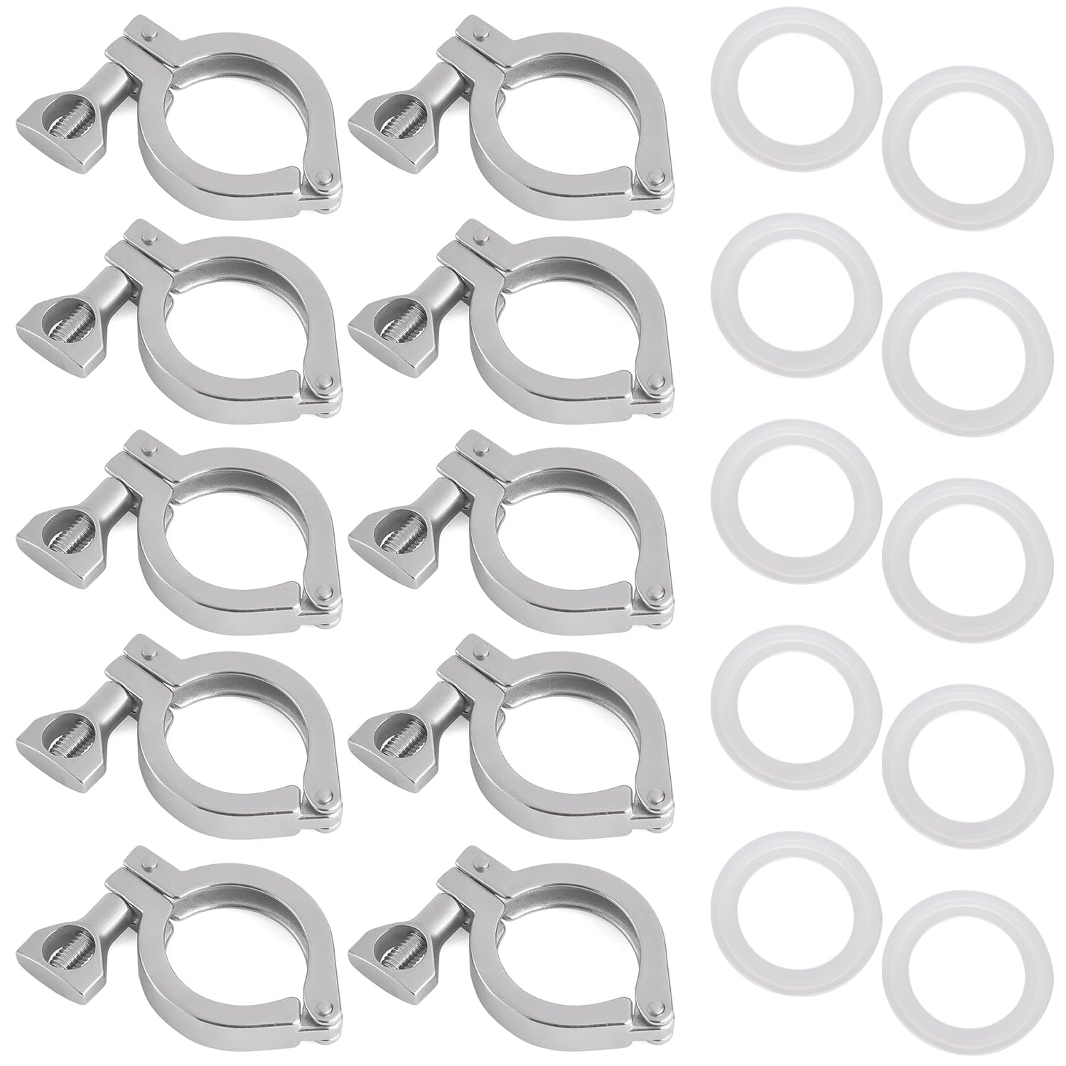 10PCS 1.5" 304 Stainless Steel Tri-clamp, Single Pin Heavy Duty Tri Clamp with Wing Nut Generic Ferrule TC with 10PCS Silicone Gasket (About 110g Each)