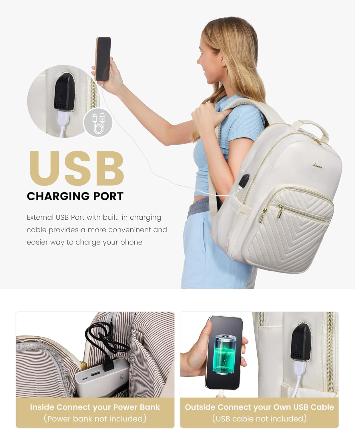 LOVEVOOK Laptop Backpack Purse for Women, Work Travel Computer Bags, College School Backpack for Student Girl, Quilted Casual Daypack with USB Port, Fit 15.6 Inch Laptop, Beige White - Image 7