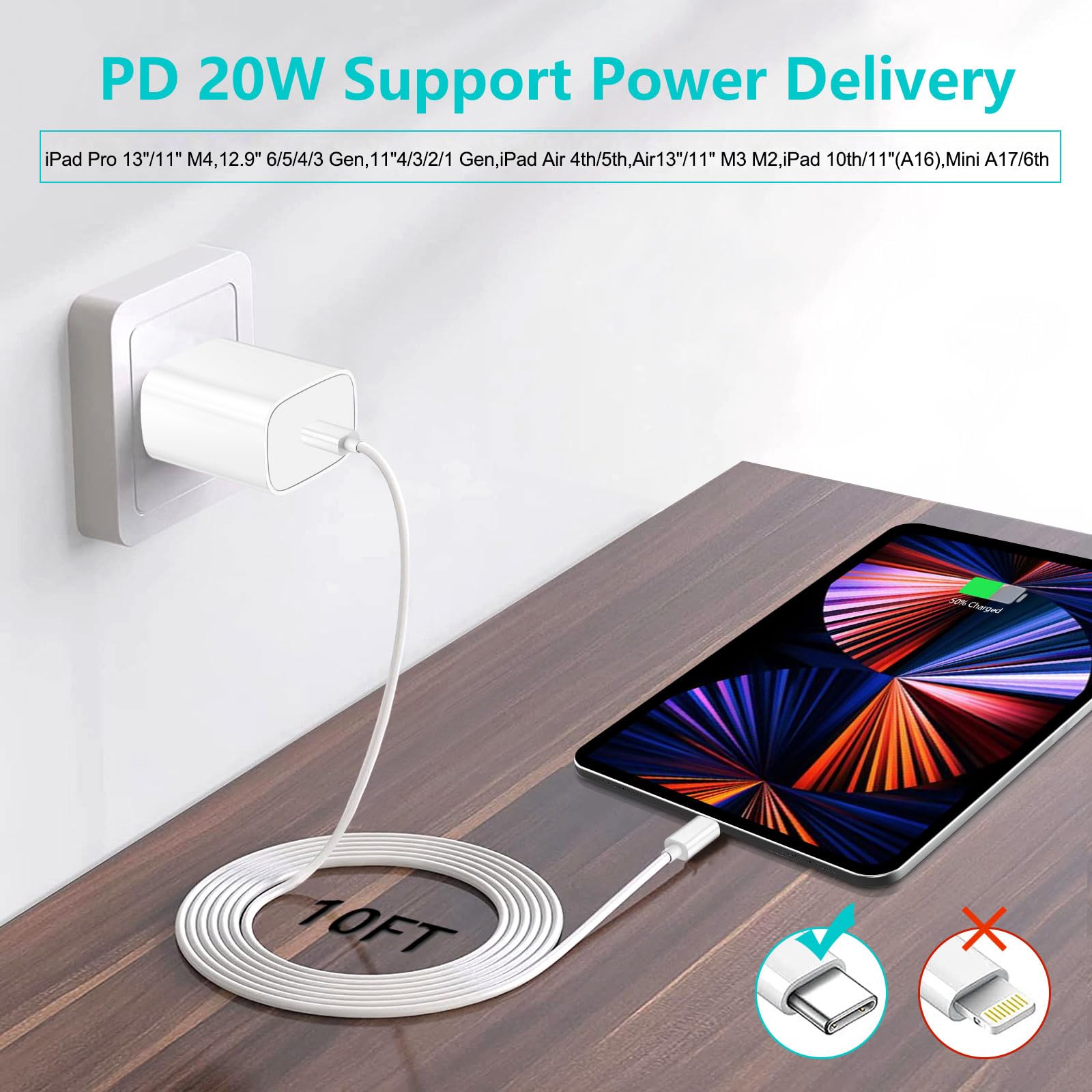 iPad Pro Charger,20W USB C Fast Charger with 10FT Long Fast Charging Cord for iPad Pro 12.9 5th/4th/3rd,11 inch 3rd/2nd,13 inch M4,iPAD Air 5th/4th Generation/13/11 M3 M2,iPad 10th/11th(A16),Mini A17
