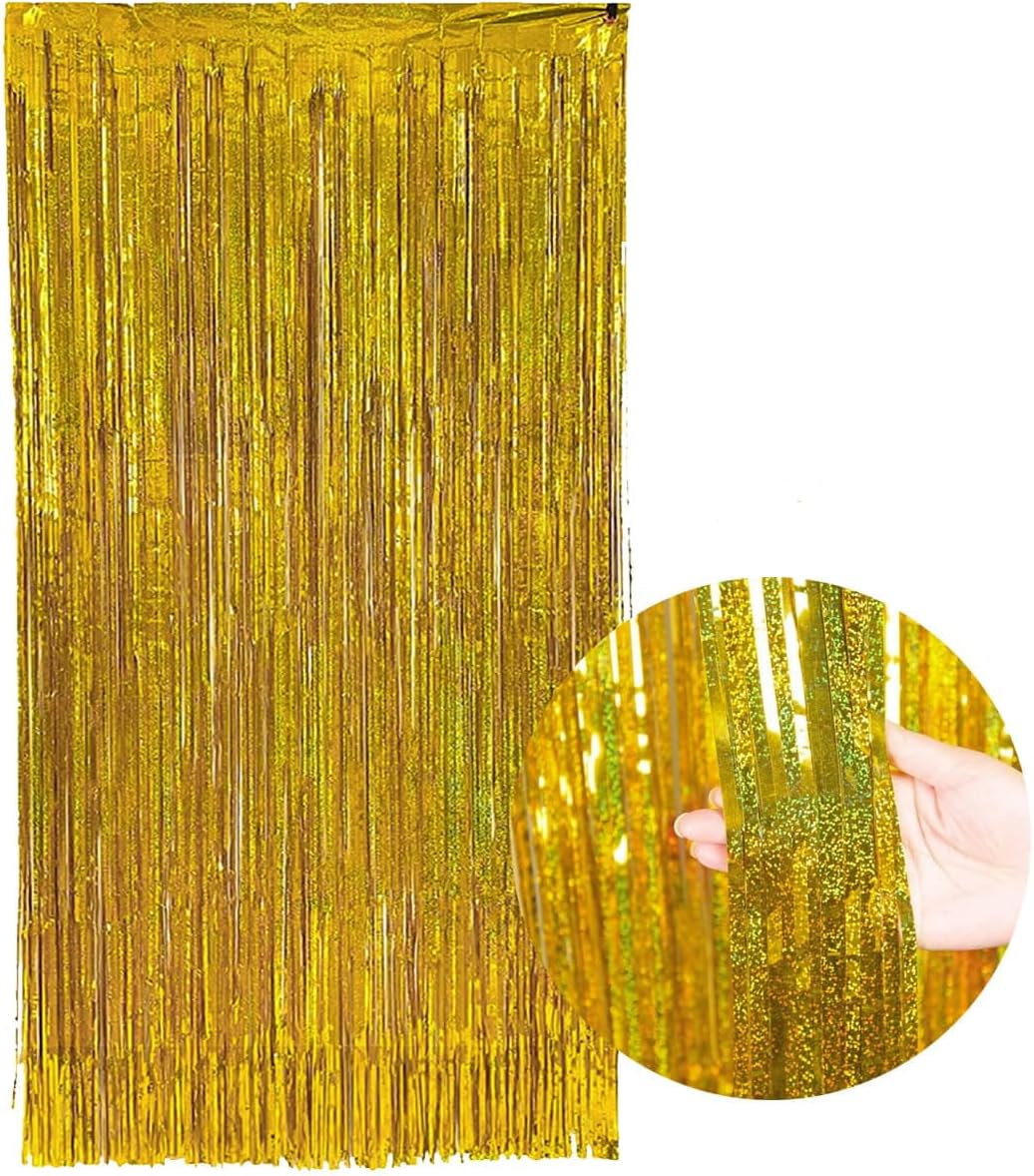 Kit 2pçs Cortina Metálica Holografica Decorativa 2×1 Metros (DOURADO)