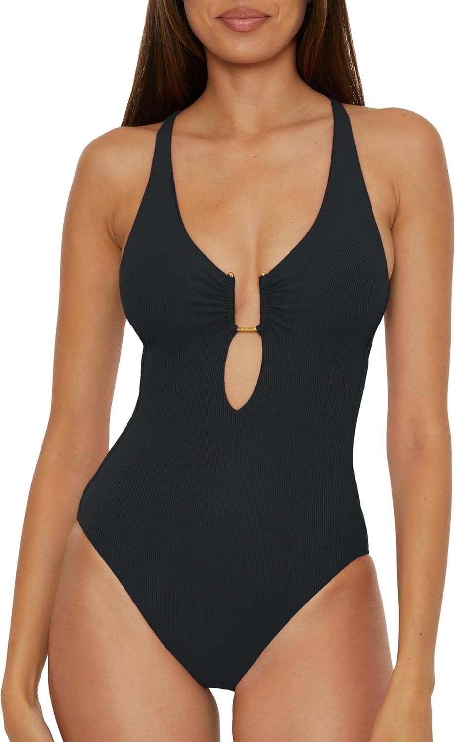 Becca Womens Modern Edge One Piece Swimsuit, Plunge Neck, Adjustable, Tie Back, Bathing Suits for Women