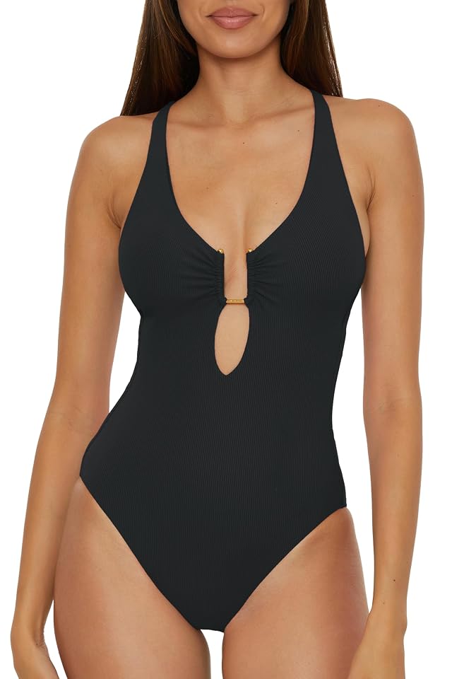 Becca Womens Modern Edge One Piece Swimsuit Plunge Neck Adjustable Tie Back Bathing Suits for Women