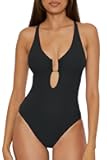 Becca Women's Modern Edge One Piece Swimsuit, Plunge Neck, Adjustable, Tie Back, Bathing Suits for Women