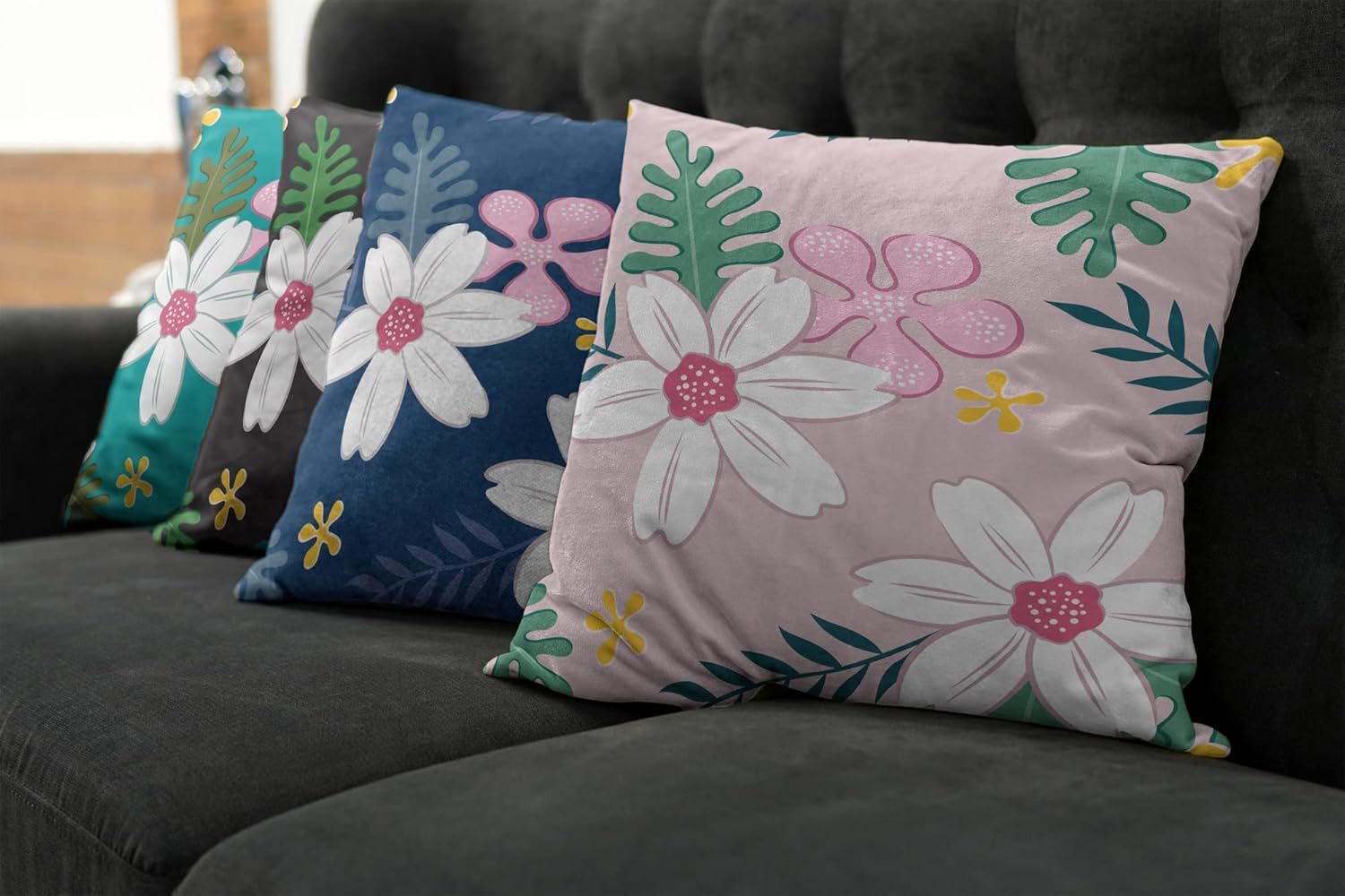 Ambesonne Floral Throw Pillow Cushion Case Pack of 4, Exotic Summer Flowers Cartoon Design Tropical Leaves Blooming on Colorful Backdrops, Modern Accent Double-Sided Printing, 20" x 12", Multicolor