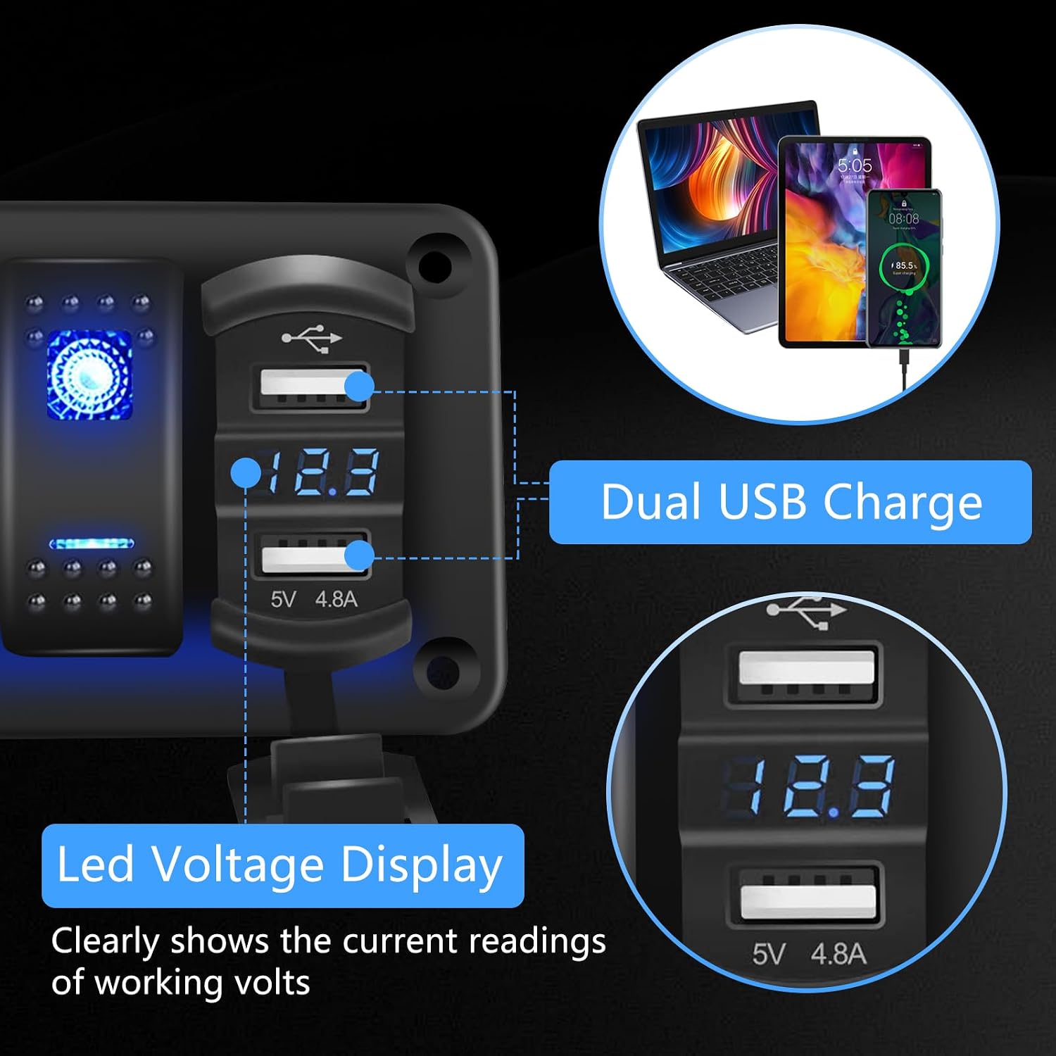4 Gang Rocker Switch Panel with 4.8 A Dual USB Charger and Voltmeter Pre-Wired Waterproof 12V/24V DC Aluminum Switch Panel with 132PCS Night Glow Stickers for Cars UTVs ATVs Trucks Boats RVs
